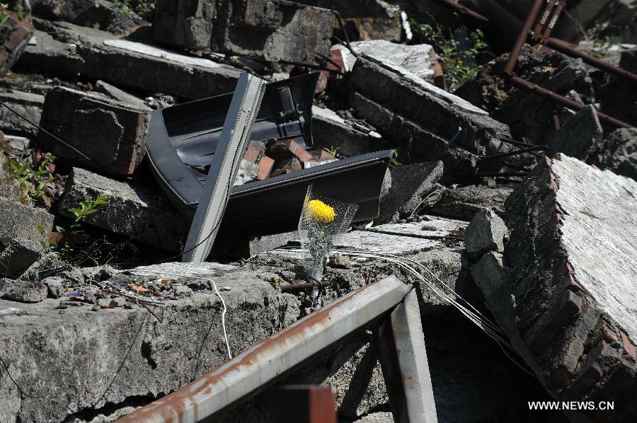Le 12 mai 2013 à Beichuan au Sichuan, une fleur a été déposée sur les ruines des maisons dévastées par le séisme de Wenchuan il y a cinq ans. (Photo : Xinhua/Xue Yubin)