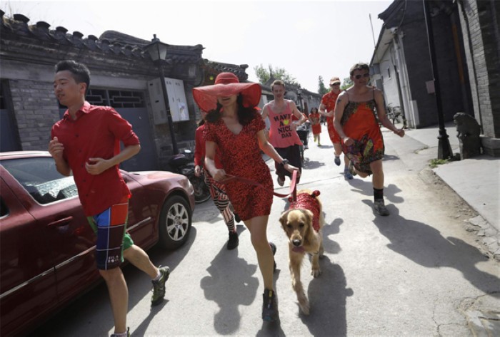A Beijing, une participante et son chien, habillés d'une robe rouge, courent le long des Hutong (les ruelles de la capitale), lors de l'événement sportif de charité, la Red Dress Run, qui a eu lieu le jour de la Fête des Mères, le 12 mai 2013. [Photo/agences]