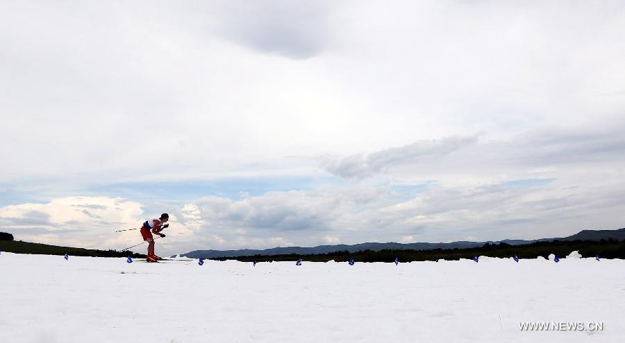 Le skieur suédois Johan Erikssonskie dans  la compétition du Ski d'été 2013 à Yakeshi, dans la région autonome de Mongolie intérieur(nord de la Chine), le 19 juin 2013. (Xinhua/Li Ying) 
