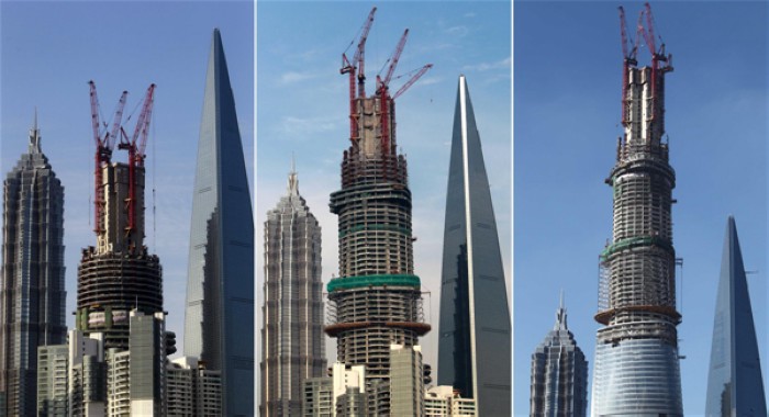 L'évolution de la construction de la Shanghai Tower, le plus haut bâtiment de Chine, dans la zone nouvelle de Pudong à Shanghai. Les photos ont été prises les 27 mai 2012, 28 novembre 2012, et 17 juillet 2013. [Photo / Xinhua]