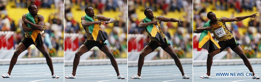 Le sprinteur jamaïcain Usain Bolt a remporté samedi le titre de champion du monde du 200 m en 19 sec 66/100e aux championnats du monde d'athlétisme à Moscou. (Xinhua/Jia Yuchen)