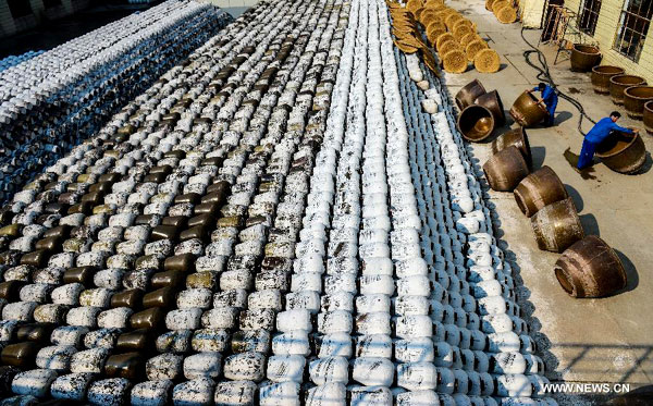 Des brasseurs placent des récipients en céramique nettoyés lors du brassage d'hiver annuel à la distillerie de Shenyonghe à Shaoxing, province du Zhejiang, dans l'est de la Chine, le 30 octobre 2013.[Photo/Xinhua ]