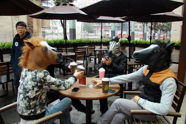 L'année du cheval. un curieux passe près des artistes dans un café à Chongqing, le 10 décembre 2013.