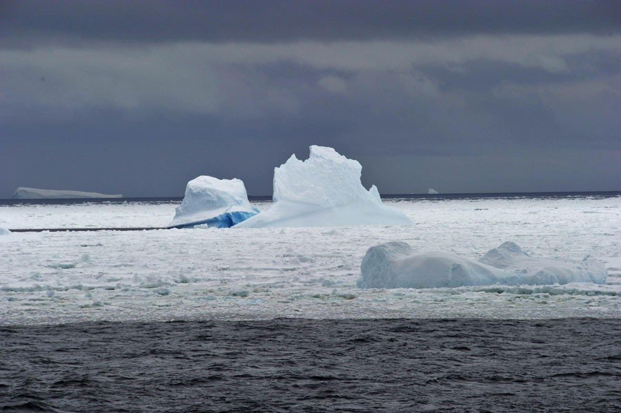Photo prise du brise-glace chinois Xuelong, montrant des icebergs flottant sur l'océan Antarctique, le 21 décembre 2013. [Photo / Xinhua]
