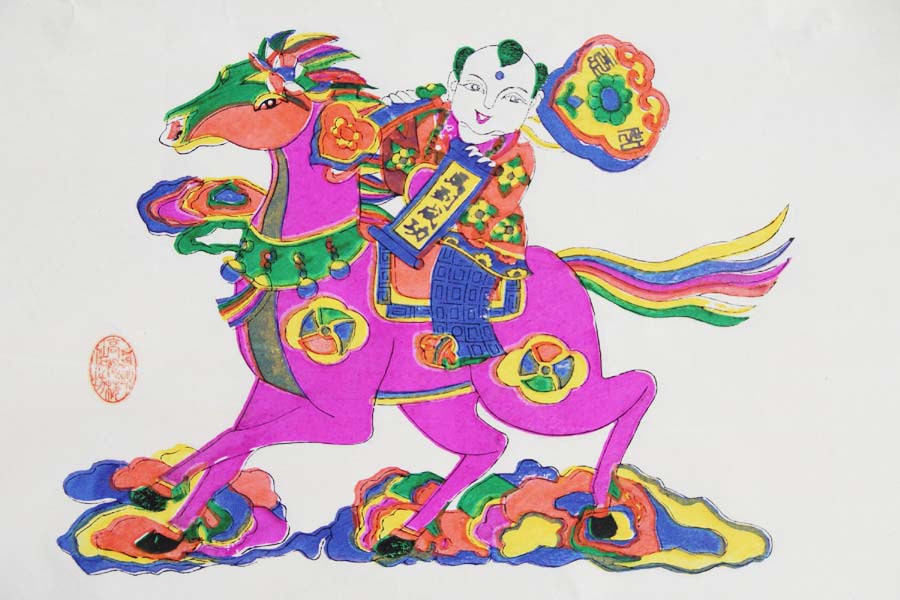 Une peinture du Nouvel An destinée à apporter la bonne chance et le bonheur, créée par Gao Lamei, héritier du patrimoine culturel national immatériel à Shaoyang, dans la province du Hunan.