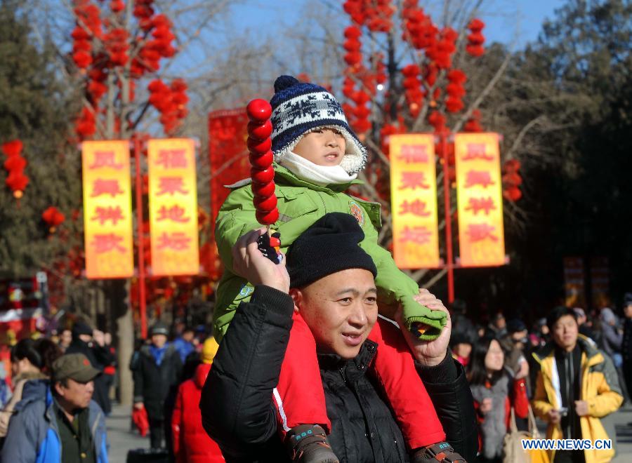 Des gens visitent la foire du temple dans le parc du Temple de la Terre (Ditan) à Beijing, capitale de la Chine, le 30 janvier 2014. La 29e Foire du temple dans le parc du Temple de la Terre ouvre ses portes au public jeudi.