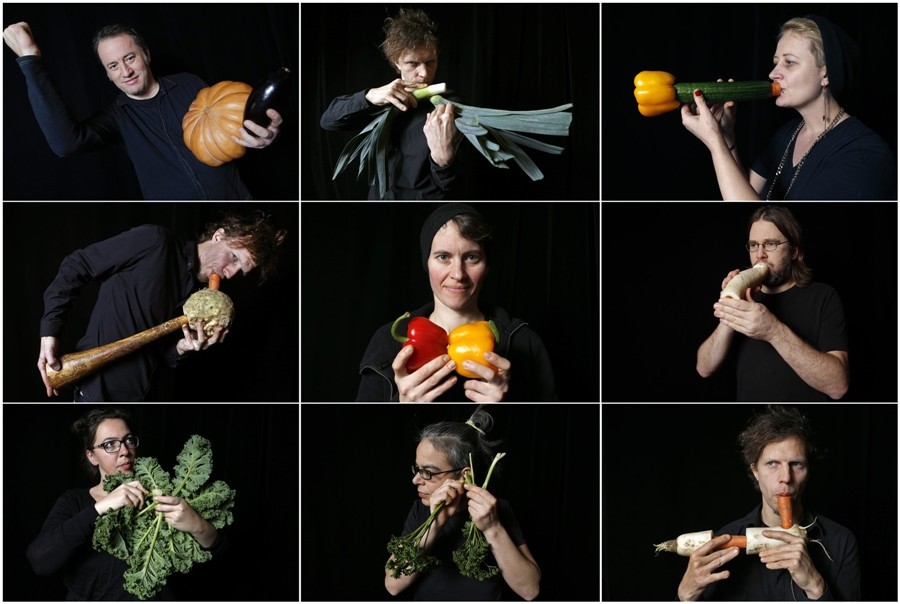 Une combinaison d'images qui montre les musiciens du Vegetable Orchestra posant avec leurs instruments fabriqués à partir de légumes, à Haguenau, dans l'Est de la France, le 15 janvier 2014. [Photo / agences]