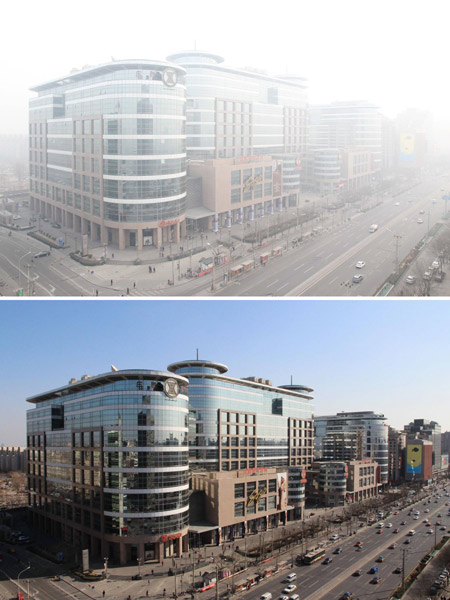 Ensemble de photos prises le 20 février 2014 (en haut) et le 19 février 2014 (en bas), qui montre un centre commercial dans le quartier Xicheng de Beijing. [Photo/Xinhua]
