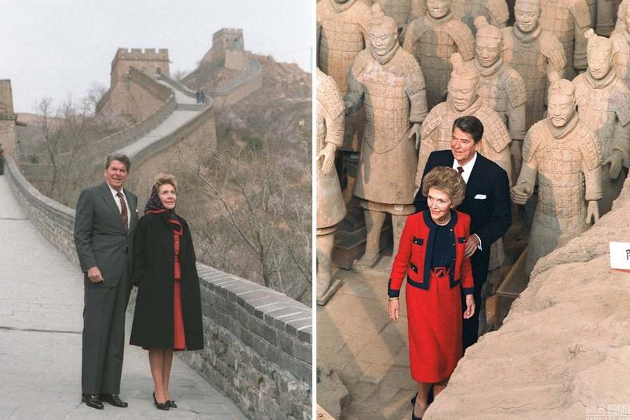 (A gauche) Le 28 avril 1984, le président américain d'alors Ronald Reagan visite la Grande Muraille avec son épouse (à droite). Le 29 avril 1984, Ronald Reagan visite, en compagnie de son épouse, le Musée des guerriers et chevaux en terre cuite à Xi'an. 