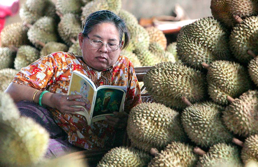 Le 17 juillet 2007, dans un marché de durian à Bangkok, une commerçante en pleine lecture à côté des tas de fruits. (Photo : Xinhua/Reuters)
